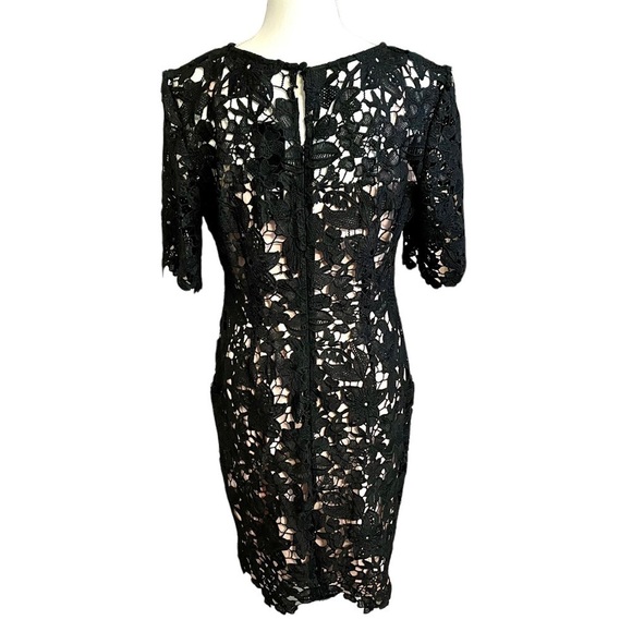 Leslie Fay Black Lace Dress Floral Sheath Round Neck Midi with Pink Slip-Size 8 - Picture 2 of 14